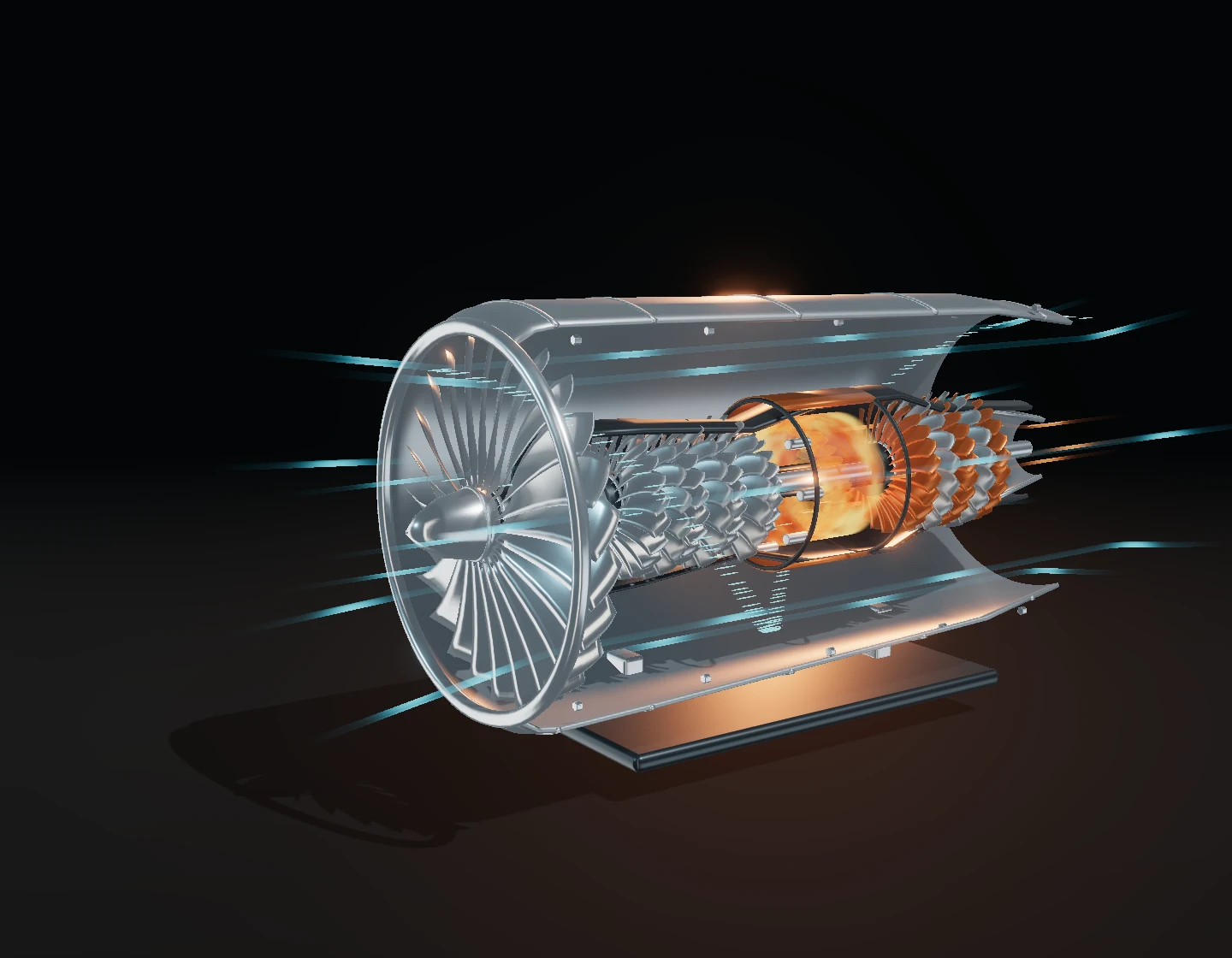 A cutaway jet engine: cool air bypasses a continuously burning core.